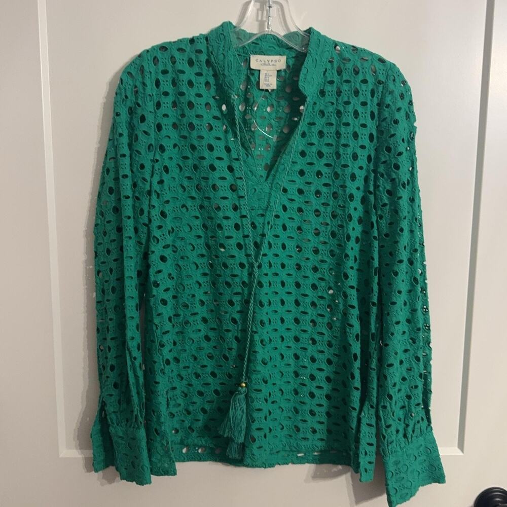 Calypso St Barth Tunic Blouse Sz S Green Eyelet Crochet Tassel Boho Resort Top